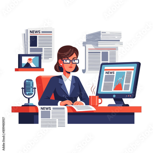 Woman working at news desk office.