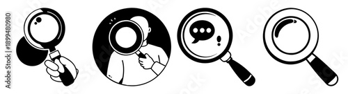 Magnifying glass icons set examining black and white target circles for business analysis and success strategy