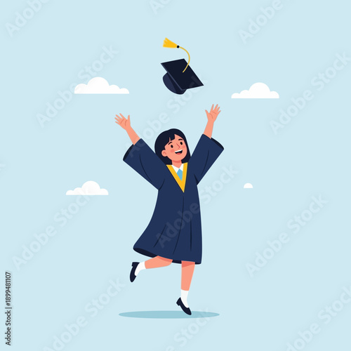 Young woman in graduation gown celebrating.