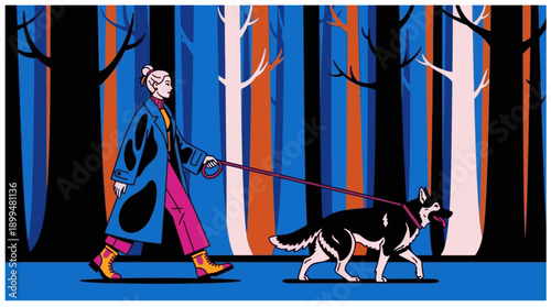 Stylized illustration of a woman walking a dog in a colorful forest