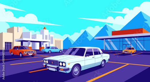Vintage Cars in a Parking Lot A Vibrant Vector Illustration of Retro Automobile Scene