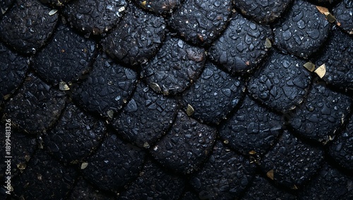 Close View of Textured Surface Resembling Dark Scales With Water Droplets Pre...