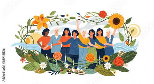 Diverse group of happy women celebrating together with floral wreath and sunflowers in vibrant colors