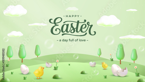 Happy Easter Cute 3D Landscape Banner with Chicks and Copy Space