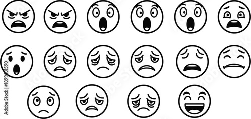Emoji face expressions icons collection, black outline emoticons showing emotions like anger sadness surprise happiness, minimal vector illustration set