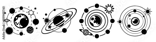 Hand drawn solar system planets orbiting sun with stars and galaxy background illustration set