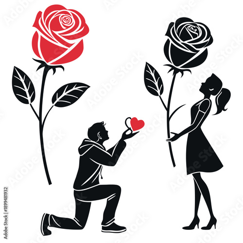 Romantic Gesture in Silhouette: A touching display of love and affection, featuring a man kneeling in a proposal and a woman holding a rose. Evoking feelings of tenderness and devotion.
