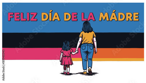 Mother and daughter holding hands with Mother's Day text