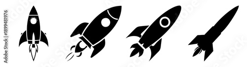 Set of four black and white rocket ships launching into space vector illustration isolated on white background