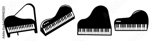 Black grand piano keys and music instruments set isolated on white background minimalist design