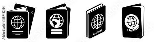 3D render passport covers with global network icons isolated on black background for travel and technology concept