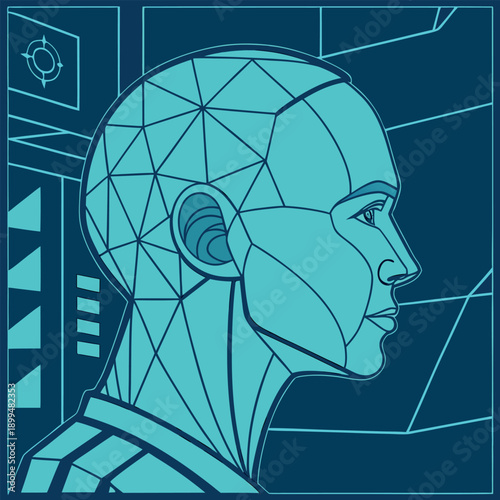 Digital Blueprint of a Technological Mind: A striking digital illustration showcases a stylized human head, intricately designed with geometric lines and shapes.