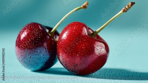 Fresh cherries on a blue surface with water droplets in a kitchen setting