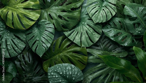 Green Leaves With Water Droplets on a Dark Surface in a Natural Setting