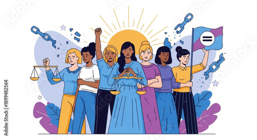 Diverse group of women standing united for equality and justice with raised fists and symbols of freedom and balance