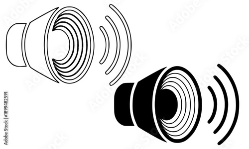 Megaphone Icon Set with Sound Waves in Outline and Solid Style for Announcement Communication and Marketing Design