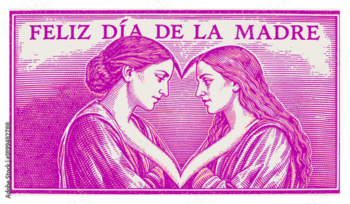 Vintage Mother’s Day Card with Two Women in Pink Illustration