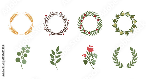 Rustic floral and botanical wreath set featuring seasonal elements and natural designs