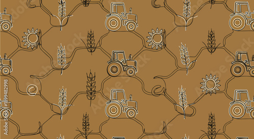 Seamless farming pattern with tractors wheat ears sun elements agriculture harvest rural modern simple graphic illustration