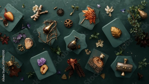 Craft Items and Natural Elements Arranged on Green Background During Daylight...