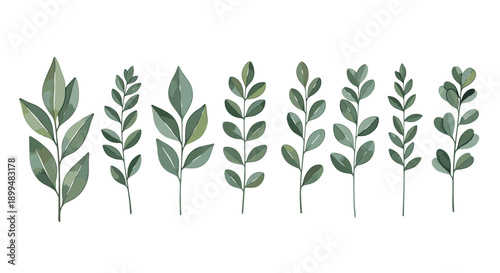 Collection of flat greenery leaves with eight unique botanical designs for nature projects