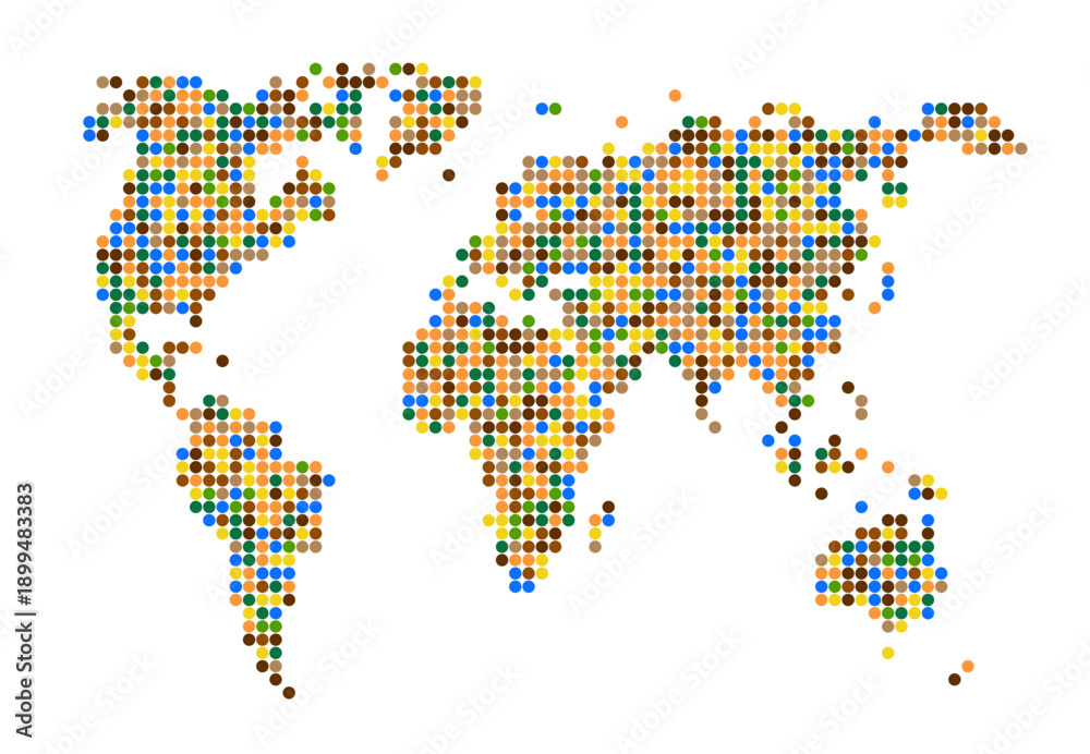 Fototapeta premium Colorful dot matrix forms continents on white background. Modern cartographic visualization using multicolored circles for geographic data representation.