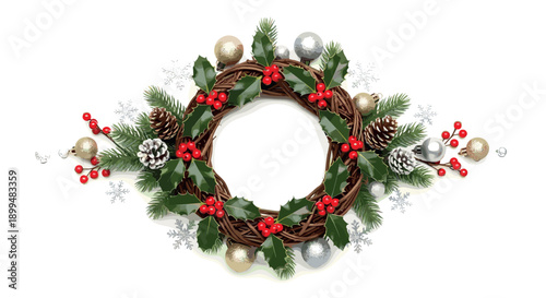 Festive christmas wreath with pine cones, holly, and ornaments on white background