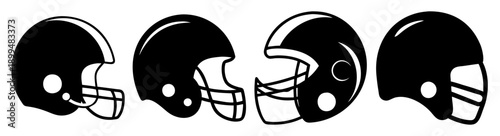 Set of four black and white American football helmets isolated on white background for sports design