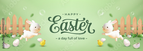 Happy Easter 3D Bunny and Chick Banner Spring Holiday Greeting