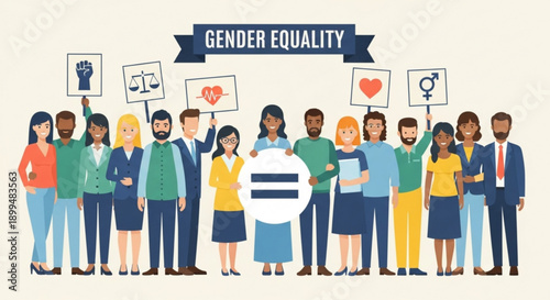 Diverse group of people holding signs promoting gender equality and social justice
