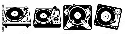 Professional DJ turntables set with vinyl records and mixer isolated on white background for music production