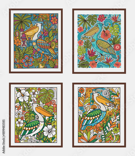 Tropical Pelican Wall Art Set, Colorful Doodle Illustration Prints
