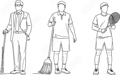 Male characters line art set showing businessman cleaner and tennis player outline vector illustration people lifestyle design