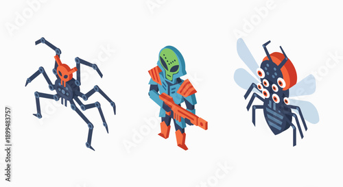 Isometric sci-fi creatures alien robot bug vector illustration game monster futuristic cybernetic insect fantasy drone