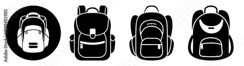 Set of four modern black and white backpacks isolated on white background for school travel business or outdoor use