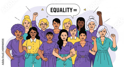 Diverse group of women standing together in solidarity for equality and female empowerment with fists raised