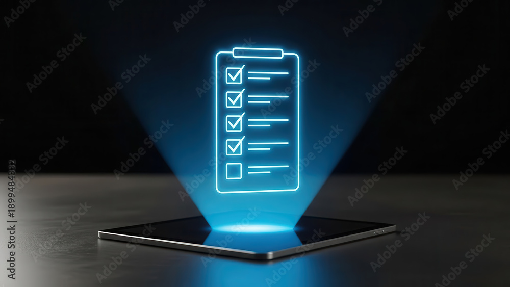 Obraz premium Digital checklist hologram projected from a tablet device, glowing with blue light, representing task management and organization in a modern technological environment