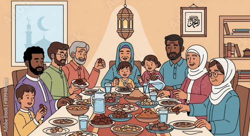 Diverse family gathering around dinner table for ramadan iftar meal with traditional food and drinks
