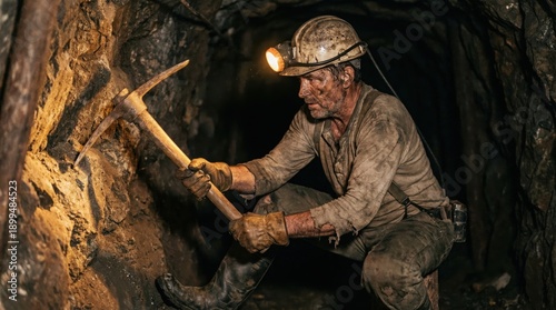 Miner working inside a dimly lit mine tunnel