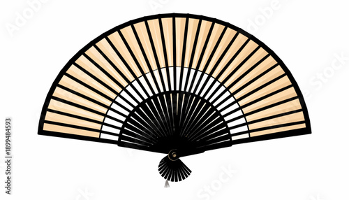 Traditional Asian Handheld Folding Fan with Black Frame and Beige Ribs.