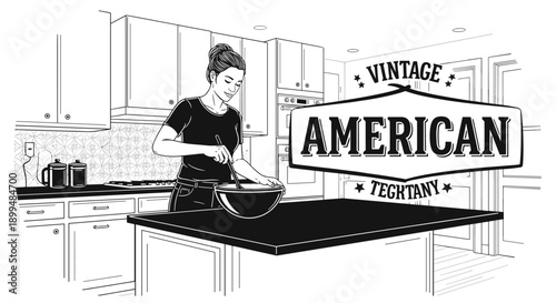 Woman in vintage kitchen preparing food in a bowl with a whisk, line art illustration