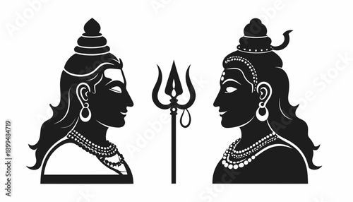Silhouette of Hindu deity couple with trident symbol.