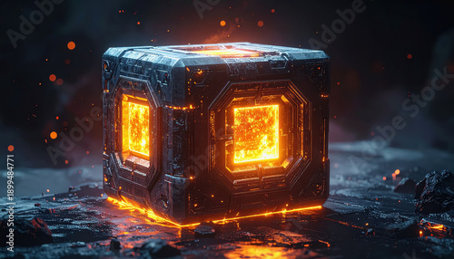 Futuristic Dark Cube with Glowing Orange Panels and Intricate Geometric Design on Textured Surface
