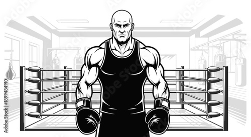 Muscular bald boxer in gloves stands in a boxing ring with punching bags in the background