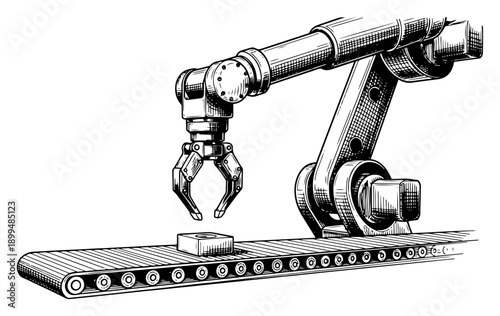 Industrial robotic arm with claw working on factory conveyor belt sketch illustration