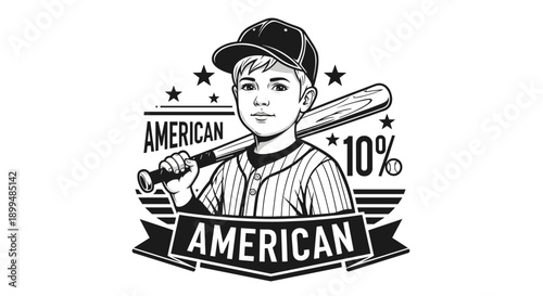 Young baseball player with bat and American emblem, vintage style illustration