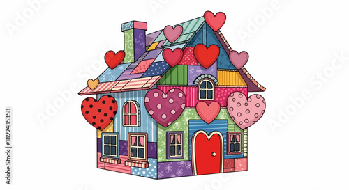 Whimsical sweet home illustration with colorful patchwork walls and roof, adorned with vibrant red and pink hearts. Charming sweet home design features various windows and heart shaped door,