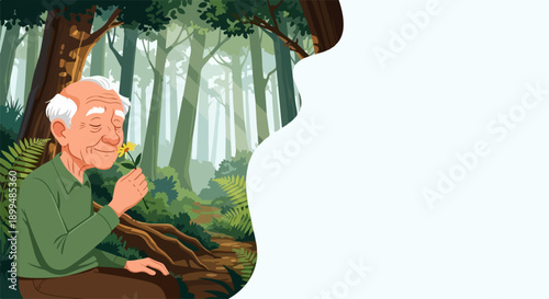 Elderly man forest illustration depicts senior person smelling yellow flower in green woods. Scene captures tranquil elderly man forest moment, appreciating natural beauty.