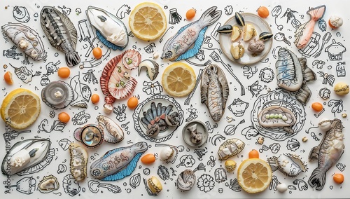 Variety of Seafood and Fruits Arranged on a Patterned Background During a Cre...