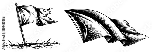 Vintage style hand drawn illustration of tattered and waving flags in the wind